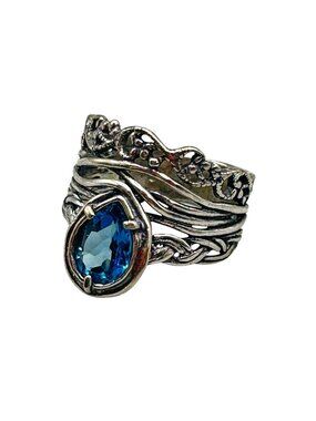 Vintage Or Paz Israel Ring Size 10 Sterling Silver London Blue Topaz Teardrop